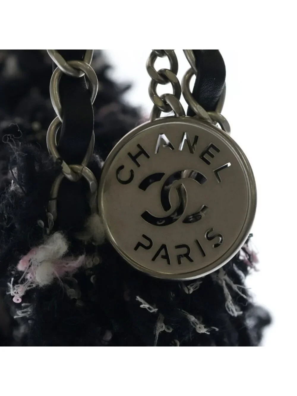 Chanel 22 Small Chain Tote Black Pink Tweed Silver